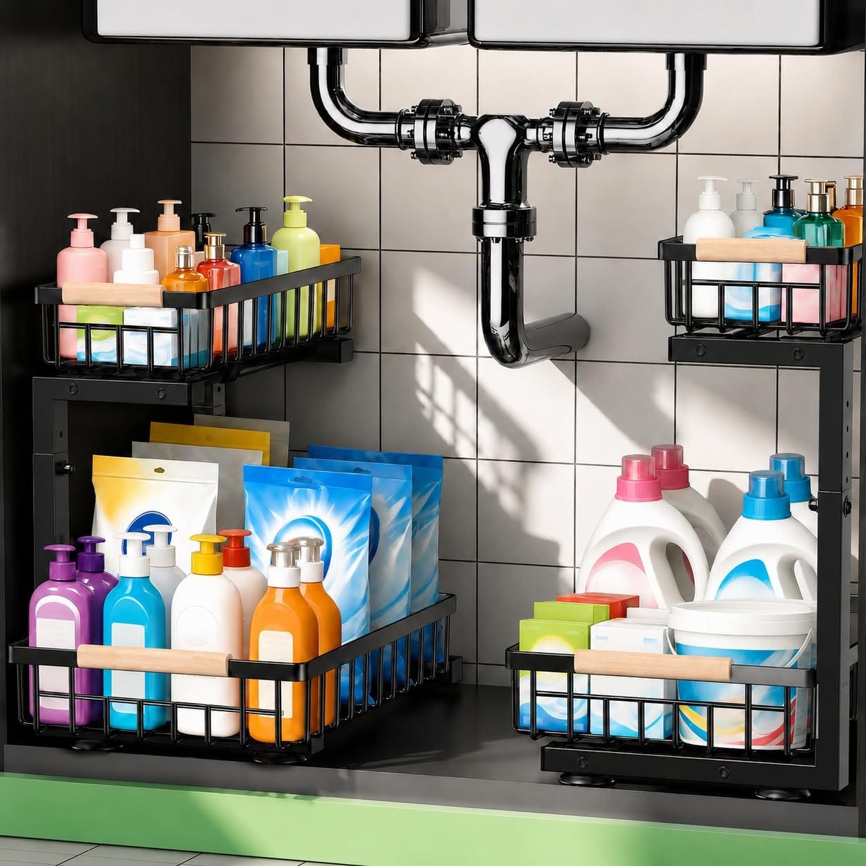 COREBES Under Sink Organizer Rack – Expandable 2-Tier Sliding Cabinet Storage Shelf